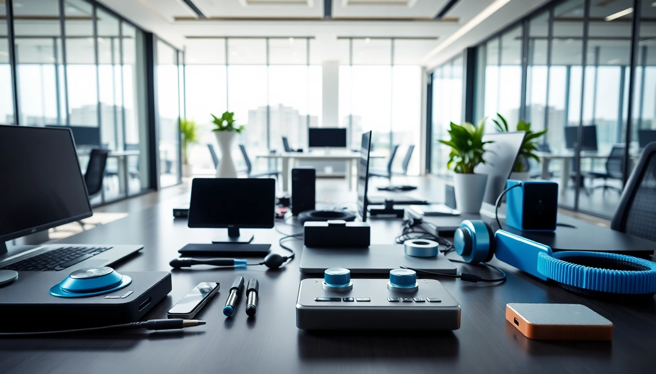 Explore innovative bolt ons in a professional tech workspace, featuring sleek gadgets and bright office design.
