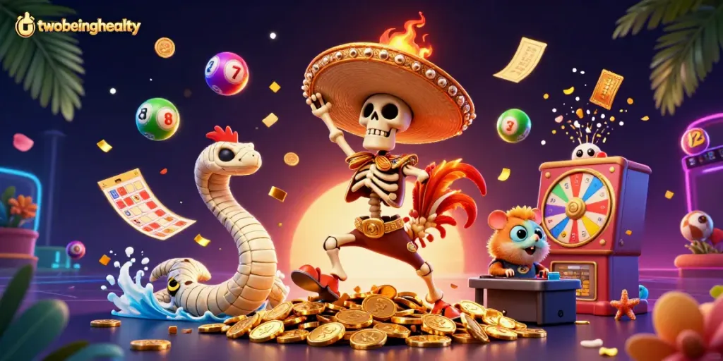 Engaging and dynamic scene showcasing the twobeinghealty themed party with vibrant gambling elements, featuring a mariachi rooster and a DJ hamster.