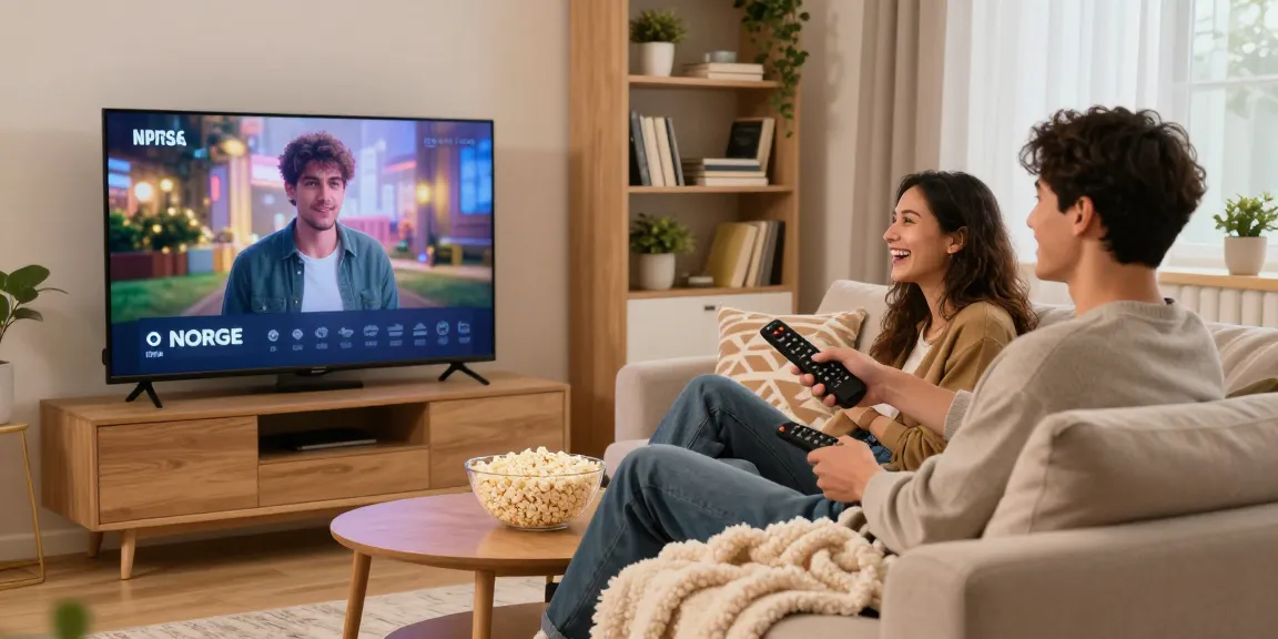 Couple enjoying IPTV Norge streaming on a large smart TV in a cozy living room.