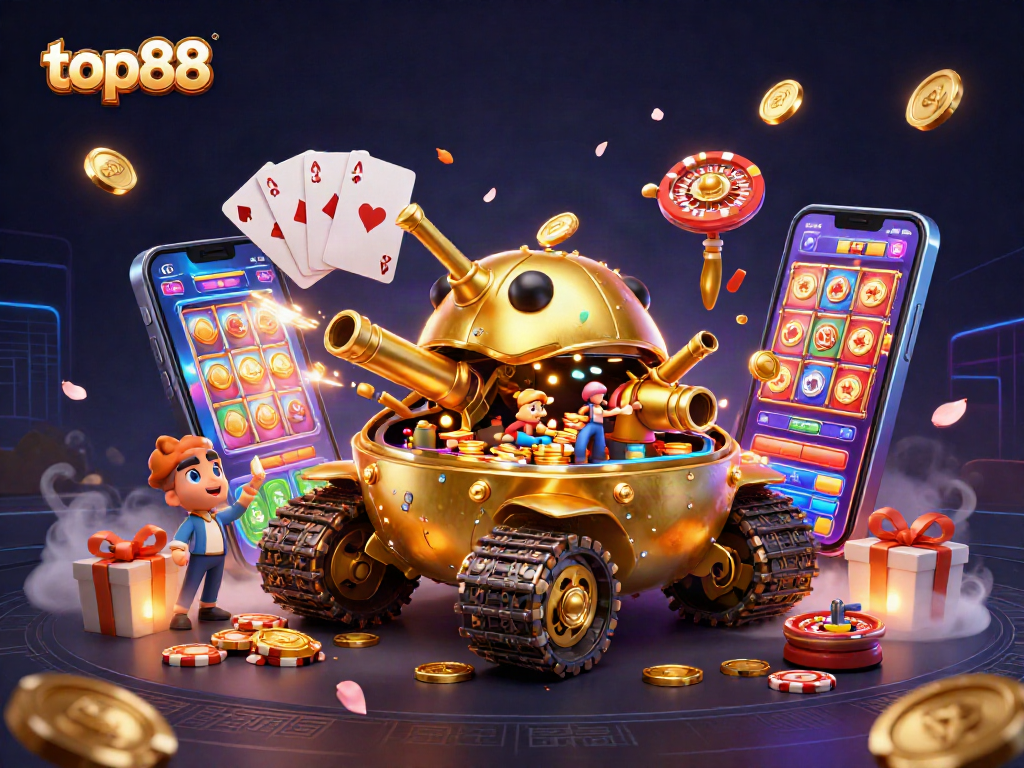 top88 gamblers experience a vibrant 3D casino world in a dynamic colorful illustration.