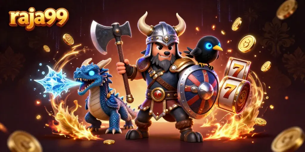 Engage with raja99's dynamic world of slots featuring a warrior and dragon in action.