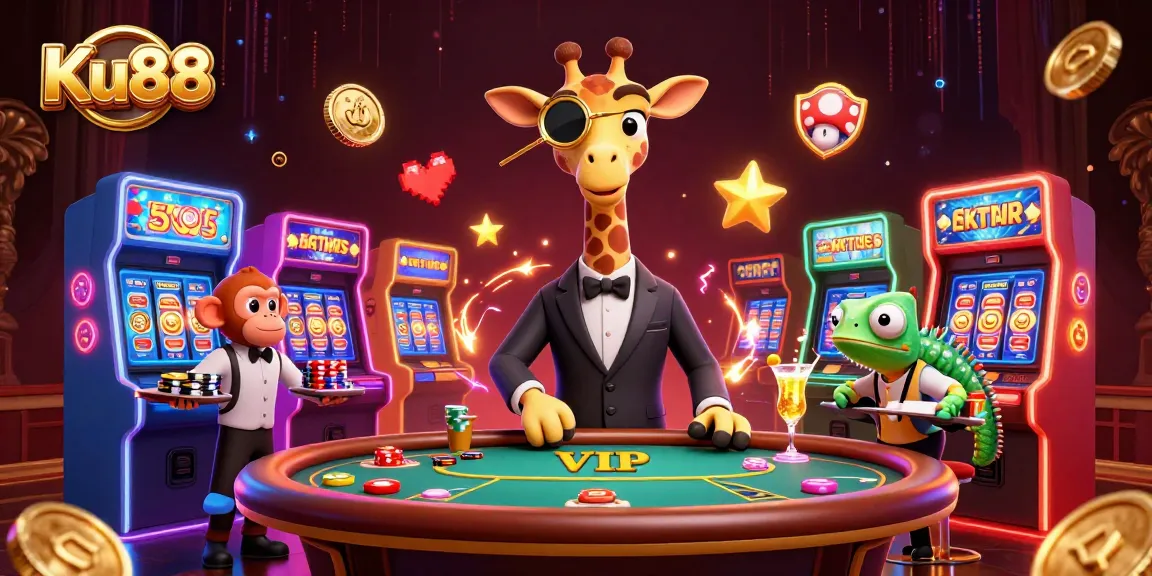 Experience Ku88's vibrant casino energy with a giraffe, monkey, and chameleon in a dynamic scene.