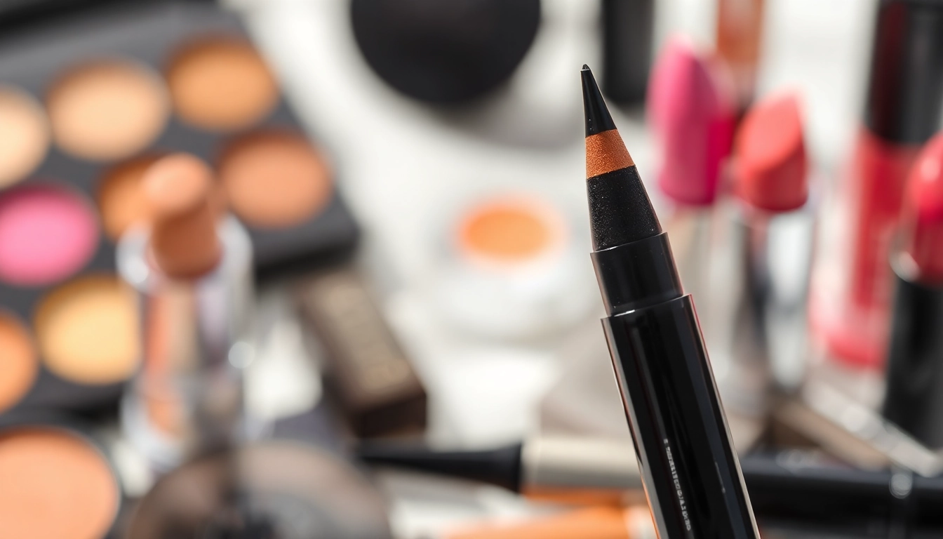 Explore the precision of a tattoo eyeliner pen showcased among vibrant makeup products.