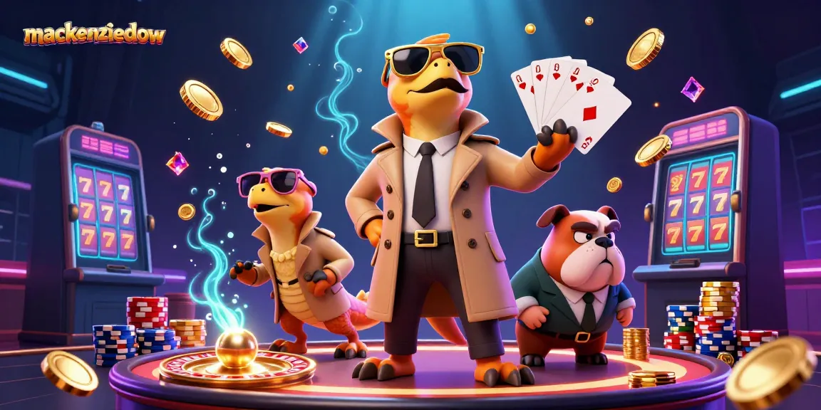 Three raptors in a trench coat at mackenziedow's casino entrance, surrounded by golden coins and gaming elements.