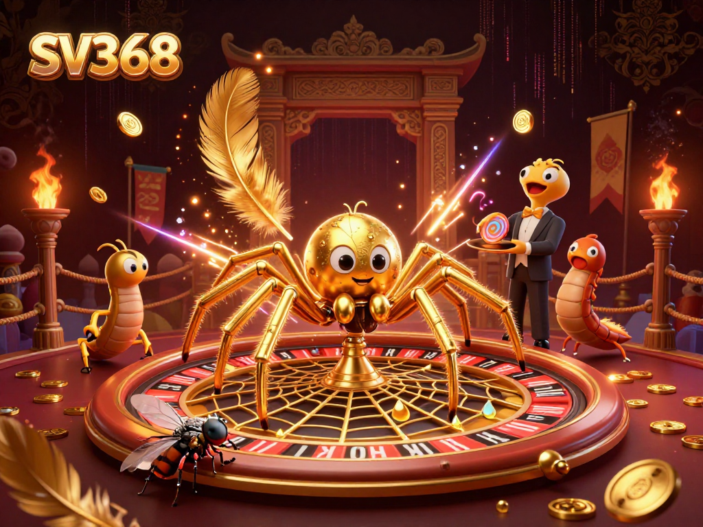 SV368 features a golden spider and centipede croupier in a dynamic roulette scene full of betting excitement.