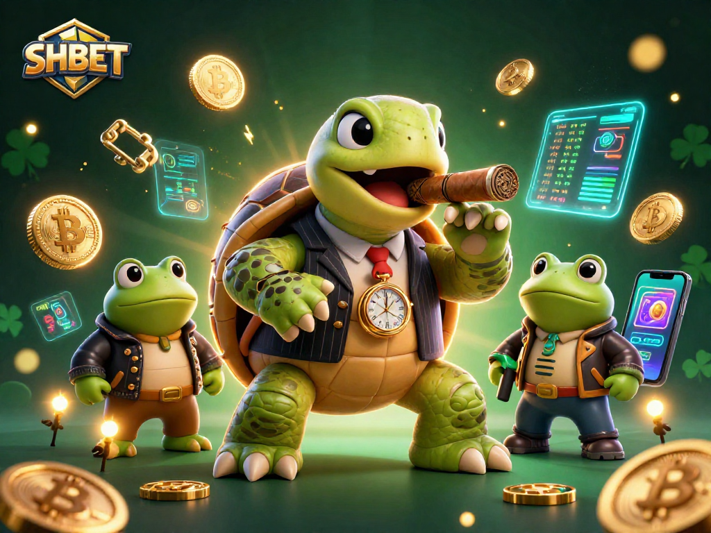 Join SHBET's dynamic gaming scene featuring a snapping turtle mobster and bullfrog enforcers amid crypto elements.