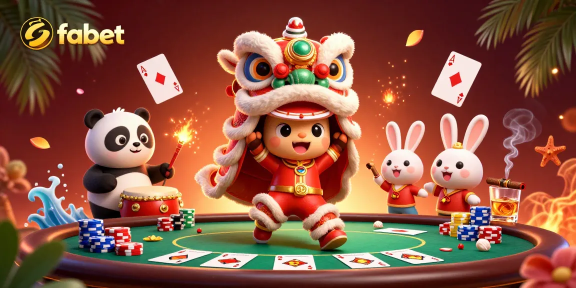 Engage in thrilling gameplay at fabet with colorful poker elements, lion dancers, and festive characters.