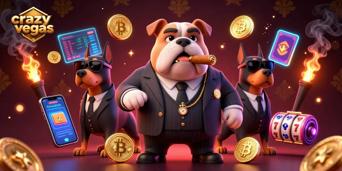 Bet on success with crazyvegas in this thrilling illustration featuring a mafia bulldog and crypto coins.