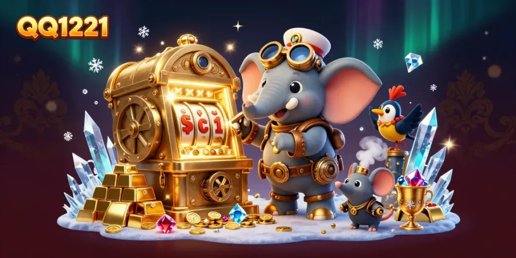 Experience the thrill of QQ1221 in a vibrant casino scene with steampunk characters and luxurious treasures.