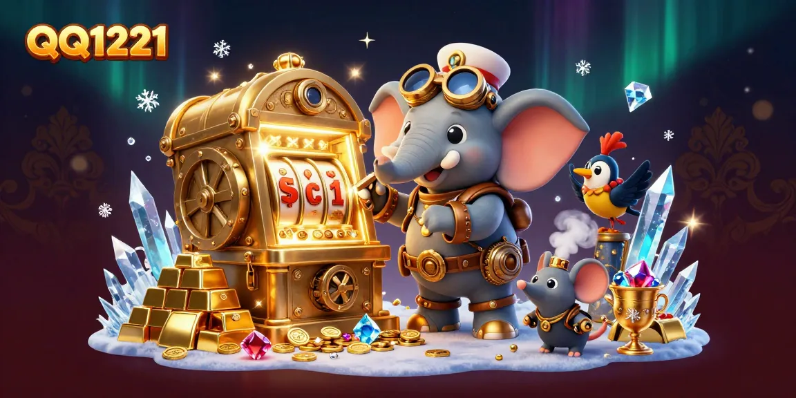 Experience the thrill of QQ1221 in a vibrant casino scene with steampunk characters and luxurious treasures.