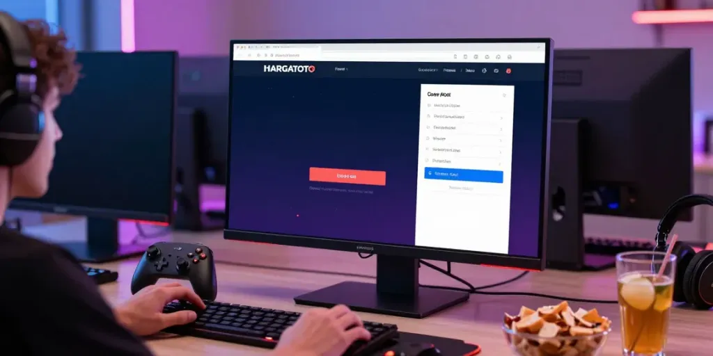 HARGATOTO login interface displayed on a gamer’s laptop, showcasing user-friendly features.