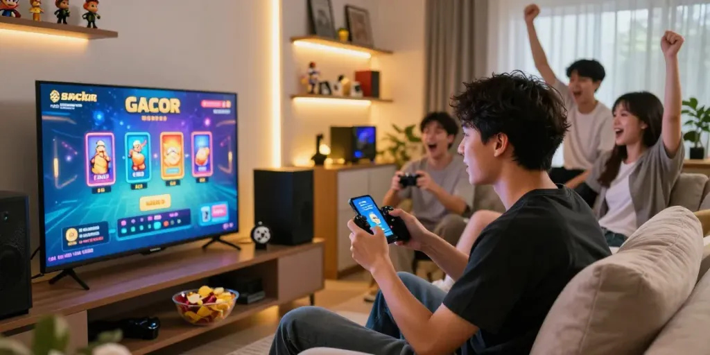 Excited gaming scene featuring a player immersed in a slot gacor game, vibrant home setup.