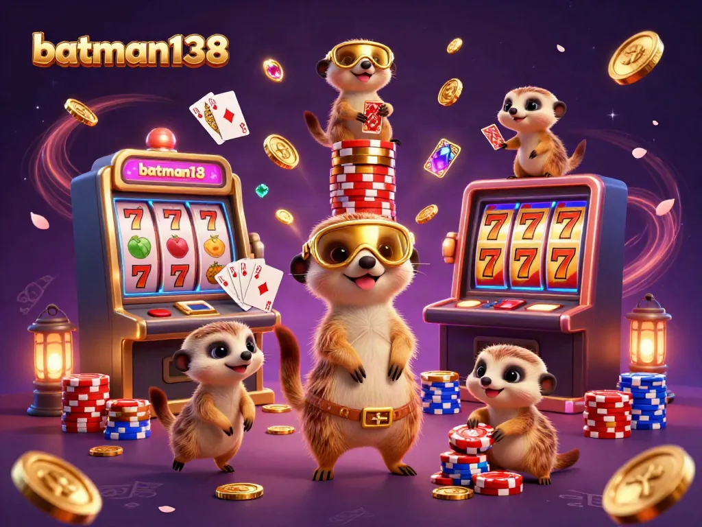 Engage with batman138 in an exciting 3D casino scene featuring meerkats, slots, and sparkling gems.