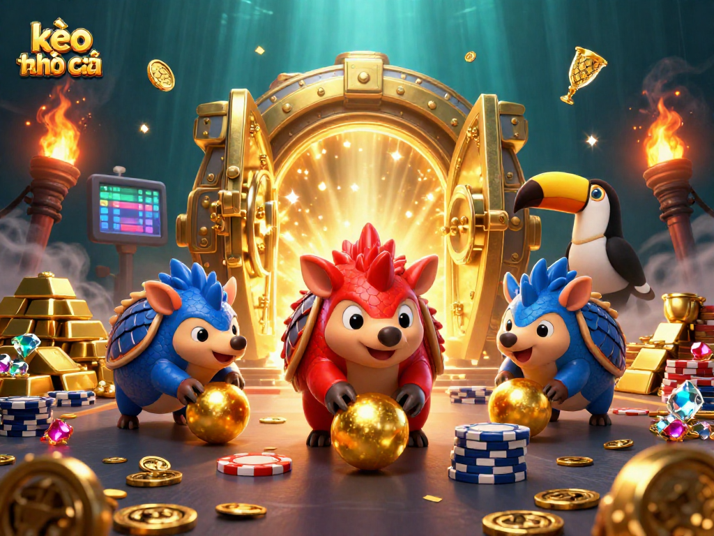 Engage with kèo nhà cái as red and blue pangolins roll through gold chips in an exciting casino scene.