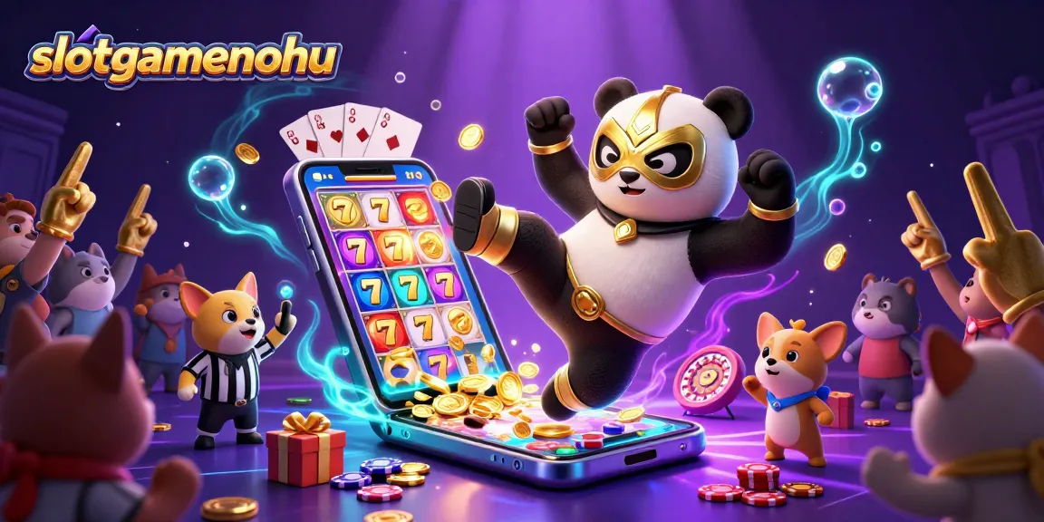 Witness the excitement of slotgamenohu with a colorful 3D illustration of a panda wrestler amidst dynamic casino elements.