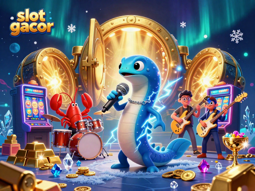 Merayakan slot gacor, ikan listrik DJ dengan band di kasino bawah laut yang penuh harta karun.