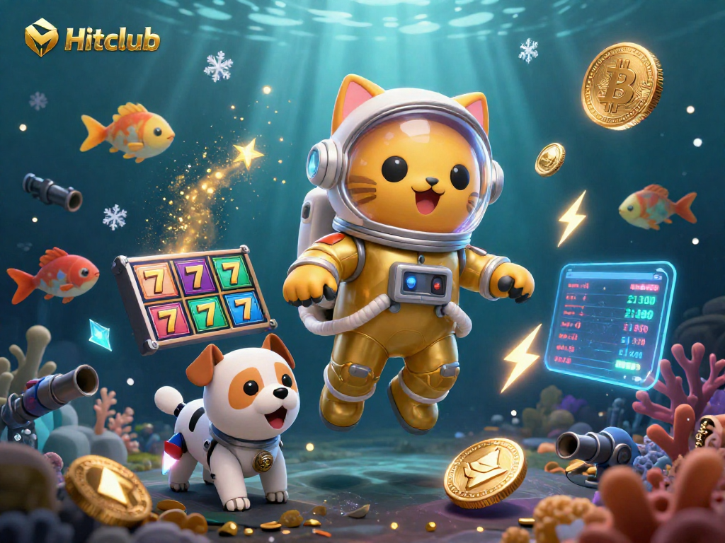 Play exciting slots with Hitclub while an astronaut cat and robot dog float amidst alien fish in a vibrant cosmic scene.