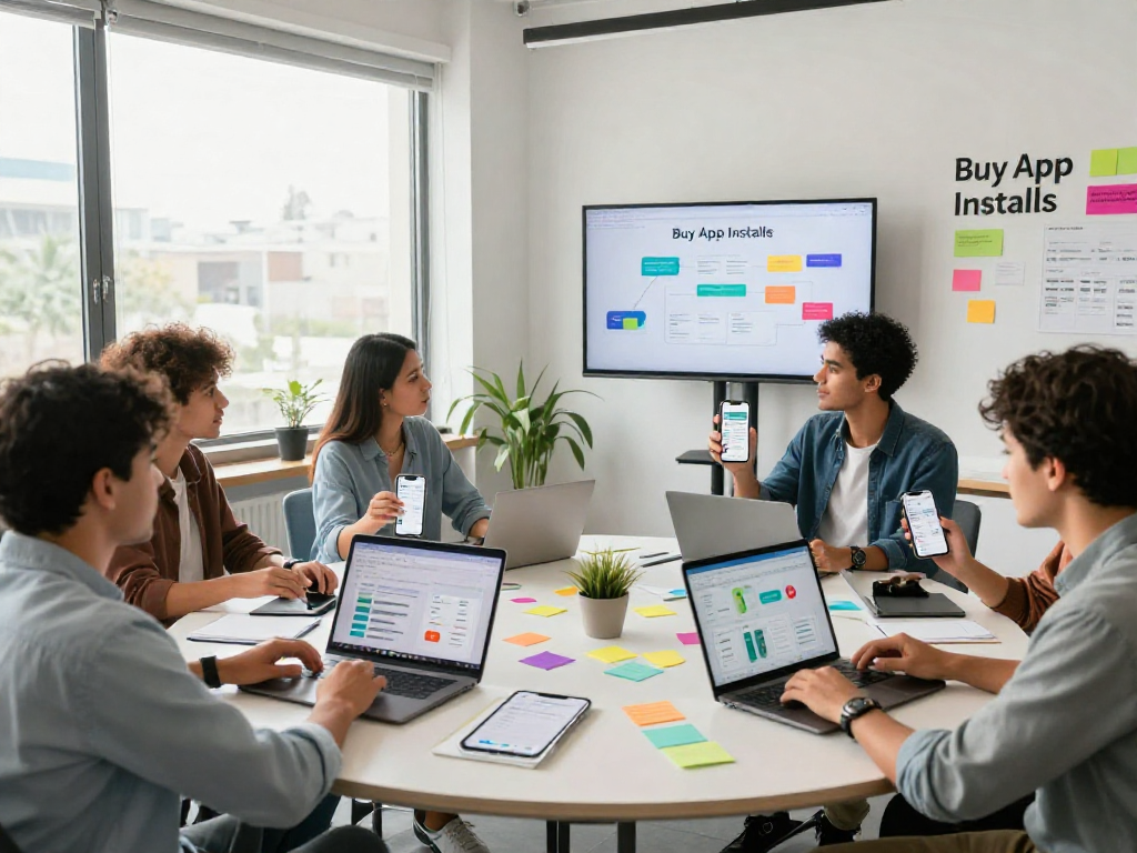 Buy app installs and boost app visibility in a vibrant office meeting.