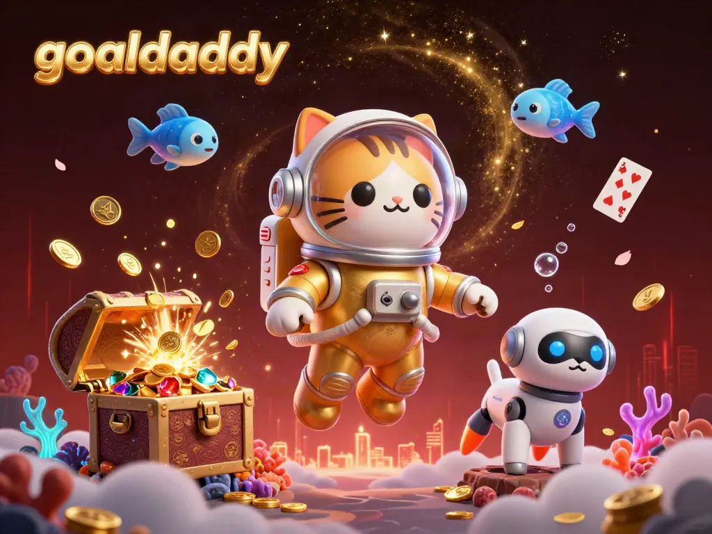 Experience the thrilling goaldaddy adventure with a space cat and robot dog amidst a golden treasure scene.