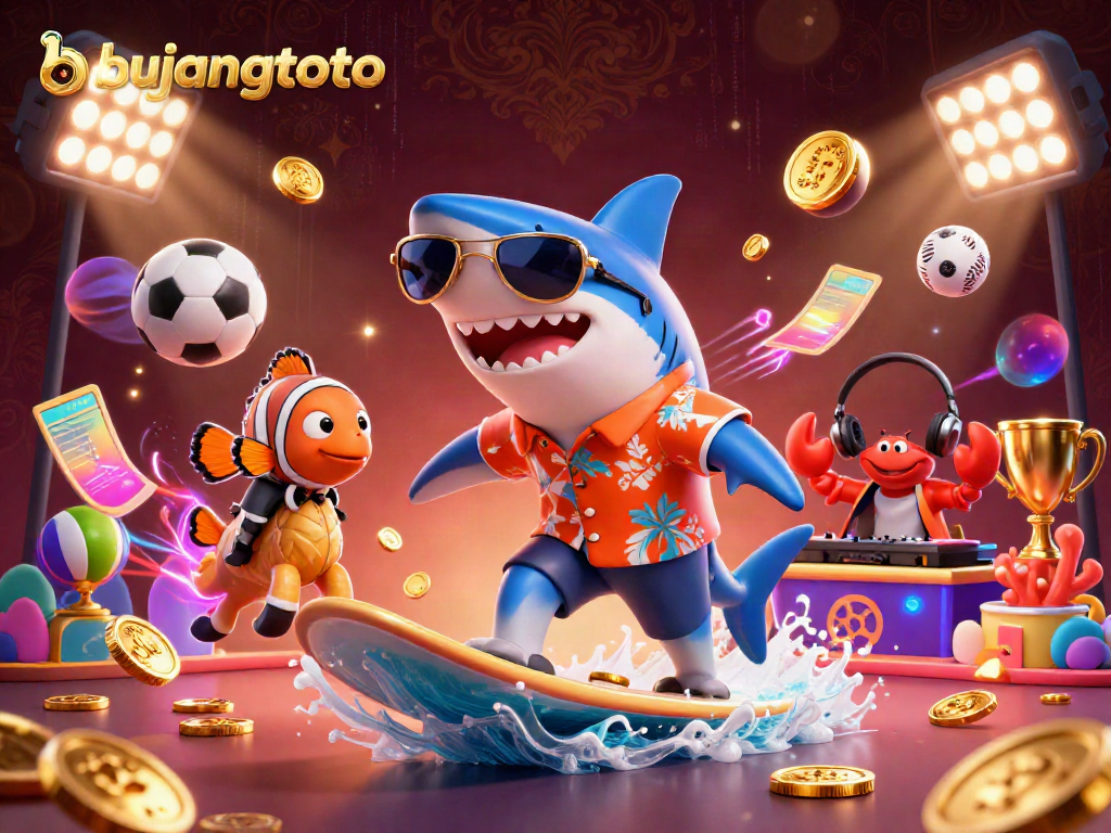 Experience the thrill of bujangtoto with a 3D cartoon shark surfing on gold coins amidst vibrant sports elements.