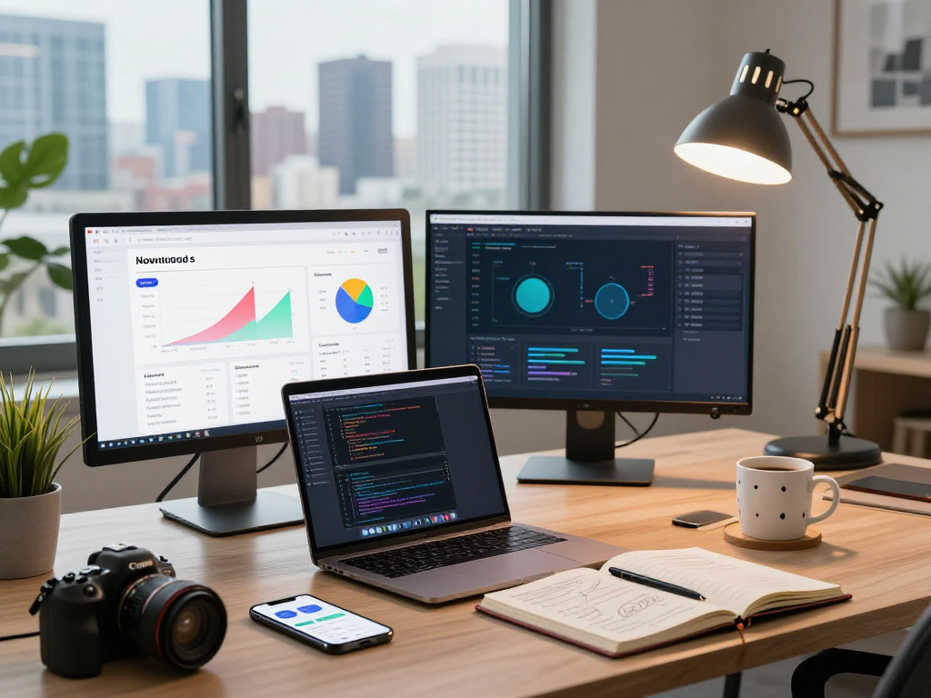 Buy app installs metrics analysis in a modern workspace with vibrant city view.