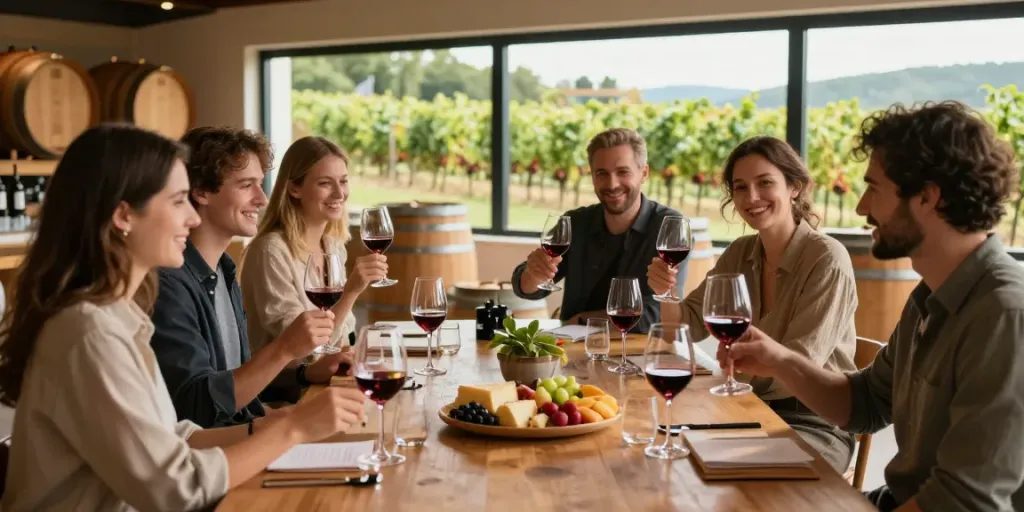 Social gathering at AVP Wine Collective, enjoying wine tasting with friends.