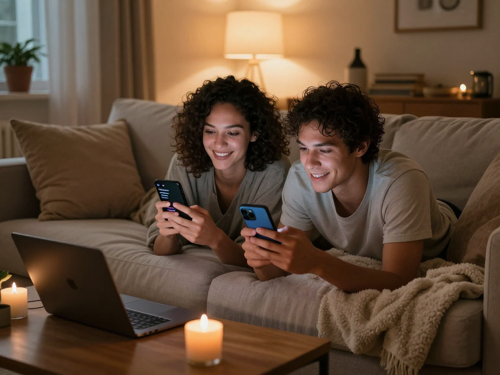 AI sexting couple sharing playful moments in a cozy living room.