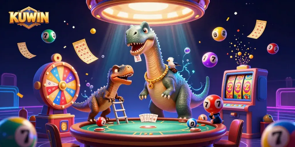 KUWIN casino illustration depicts a towering brontosaurus beside a raptor dealer, surrounded by vibrant game elements.