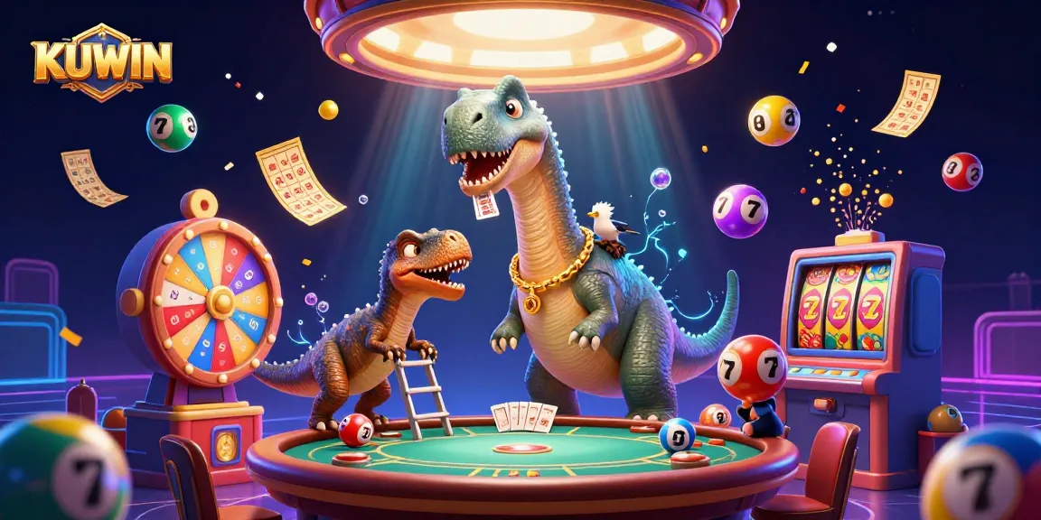 KUWIN casino illustration depicts a towering brontosaurus beside a raptor dealer, surrounded by vibrant game elements.