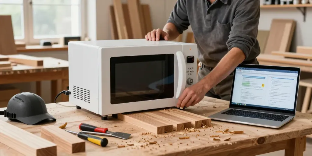 SHASHEL® equipment in use to eliminate woodworms in a woodworker's well-lit workshop environment.