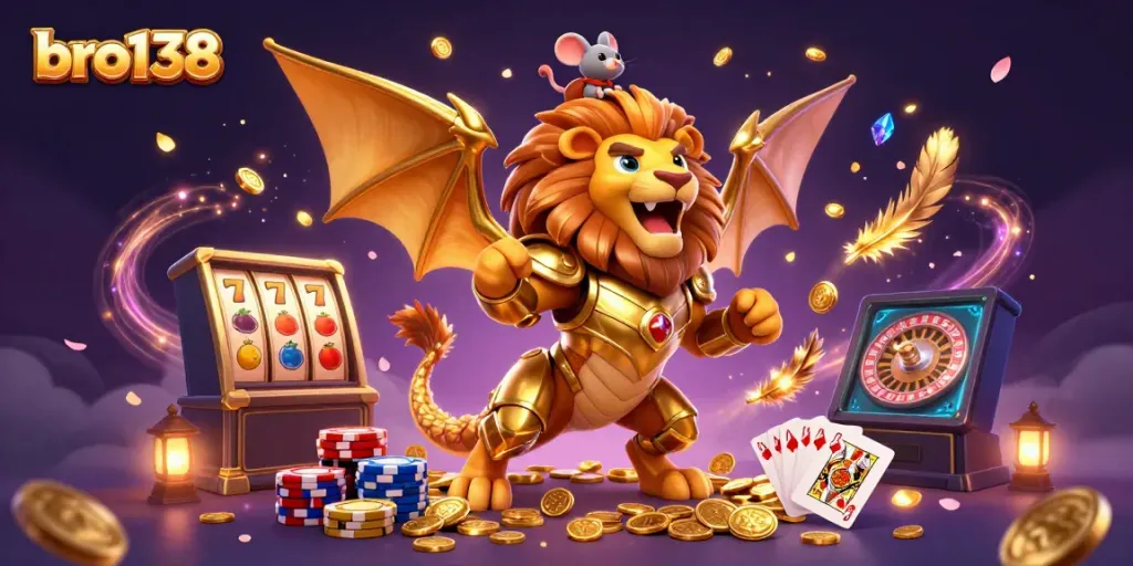 Engage with bro138's thrilling casino adventure featuring a chimera and vibrant slot machines.