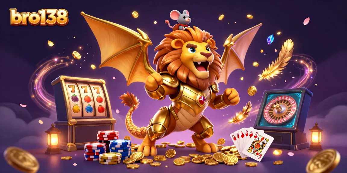 Engage with bro138's thrilling casino adventure featuring a chimera and vibrant slot machines.