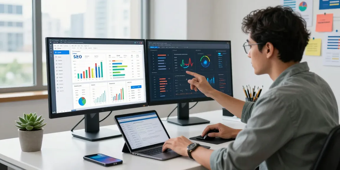Marketing strategist analyzing SEO metrics at https://corluticaret.net/ dashboard in a modern office setting