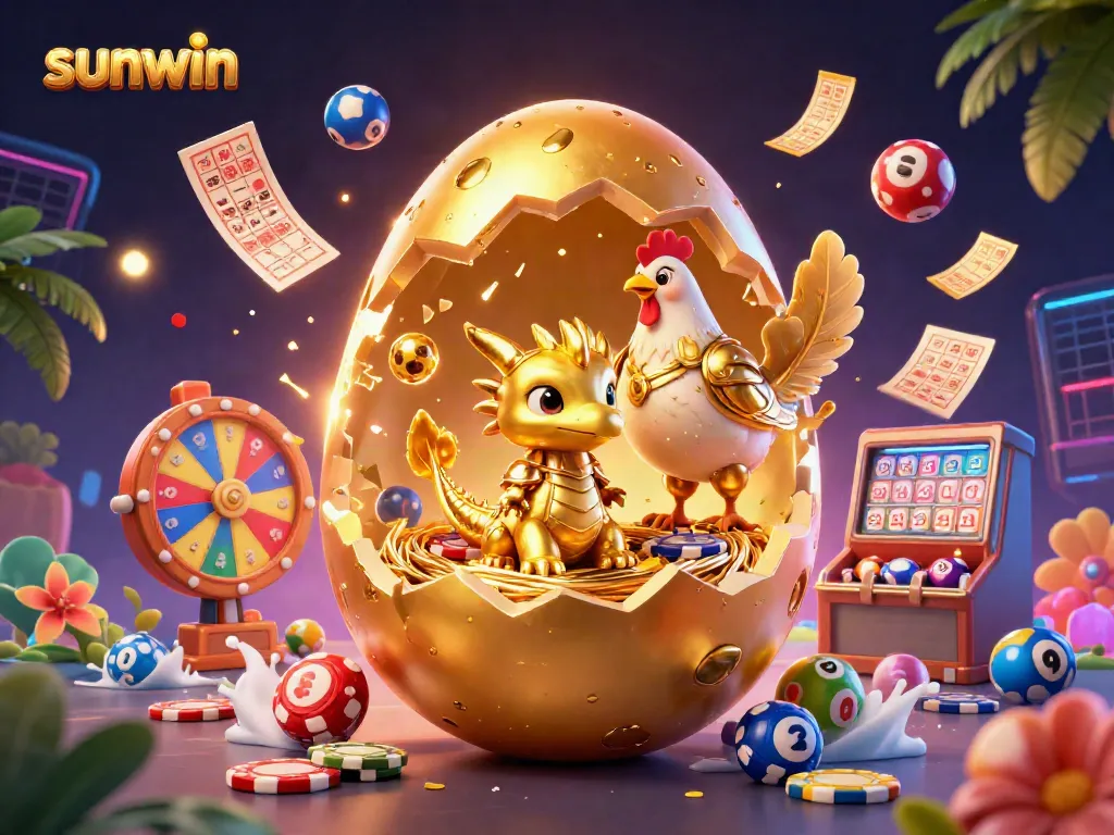 Experience the excitement of sunwin with a golden dragon nestled in poker chips among vibrant casino elements.