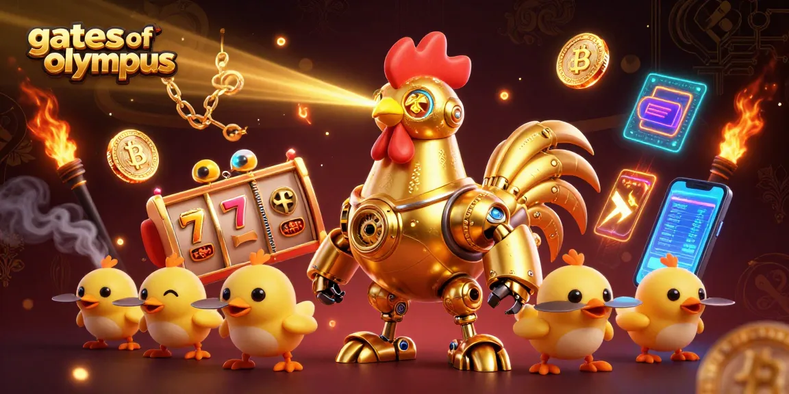 Engage with the gates of olympus through a dynamic scene of golden robotic characters amidst slot elements and crypto coins.