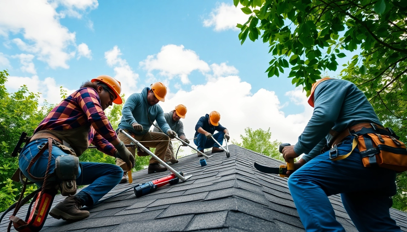 Twinsburg OH roof repairs team showcasing professionalism in action amidst vibrant greenery.