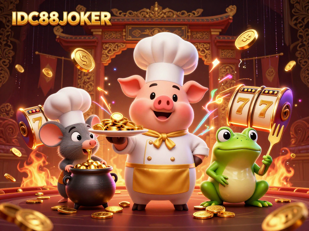Experience thrilling gameplay at IDC88JOKER with a 3D chef pig serving gold coins amidst a vibrant casino setting.