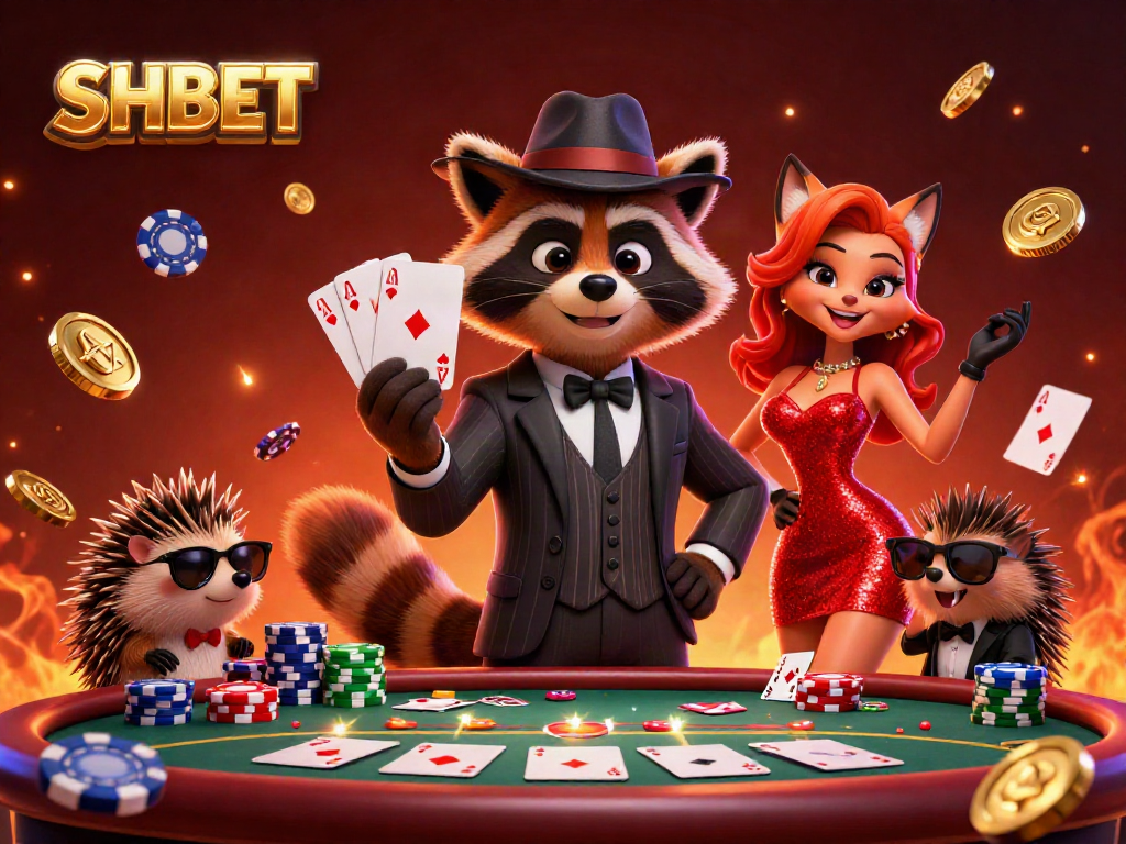 Experience the thrill of SHBET with a raccoon, fox, and hedgehog in a lively casino scene featuring poker elements.