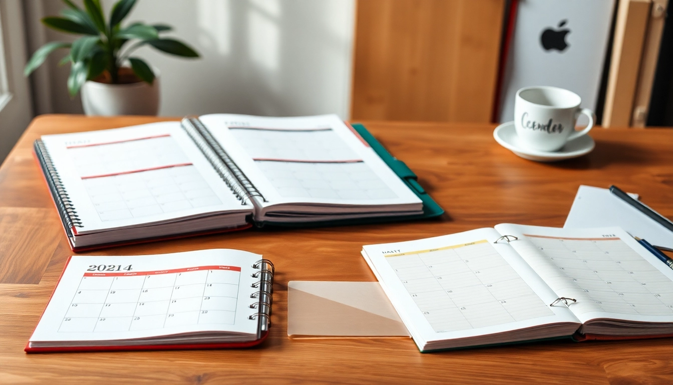 Create vibrant Custom Monthly Planners on a modern desk, showcasing personalized designs and organization.