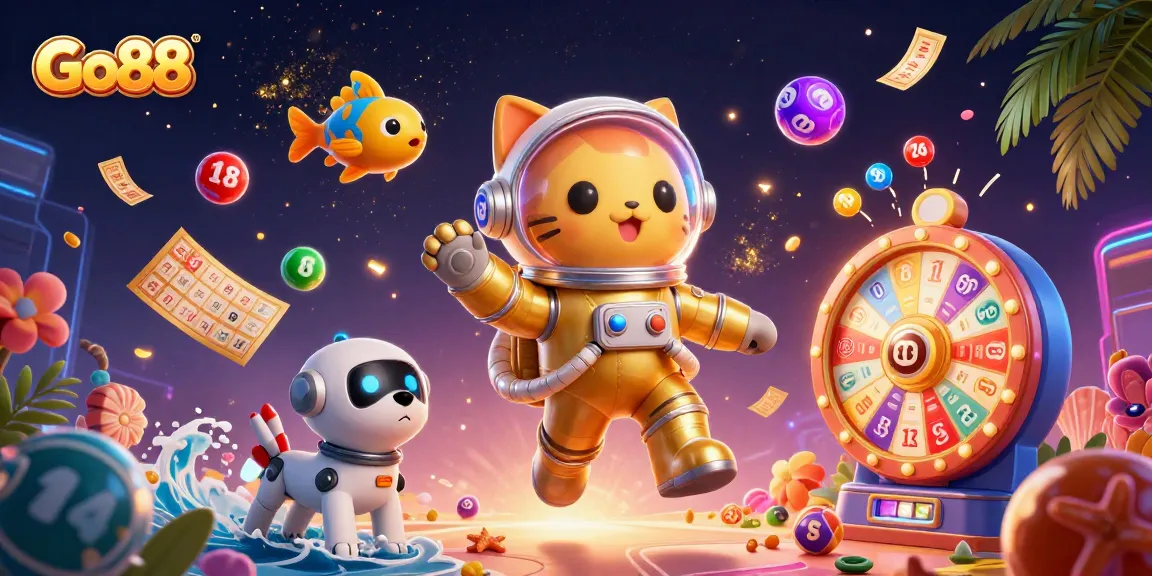 Spin to win at Go88 with vibrant lottery elements amidst a cosmic gambling adventure.