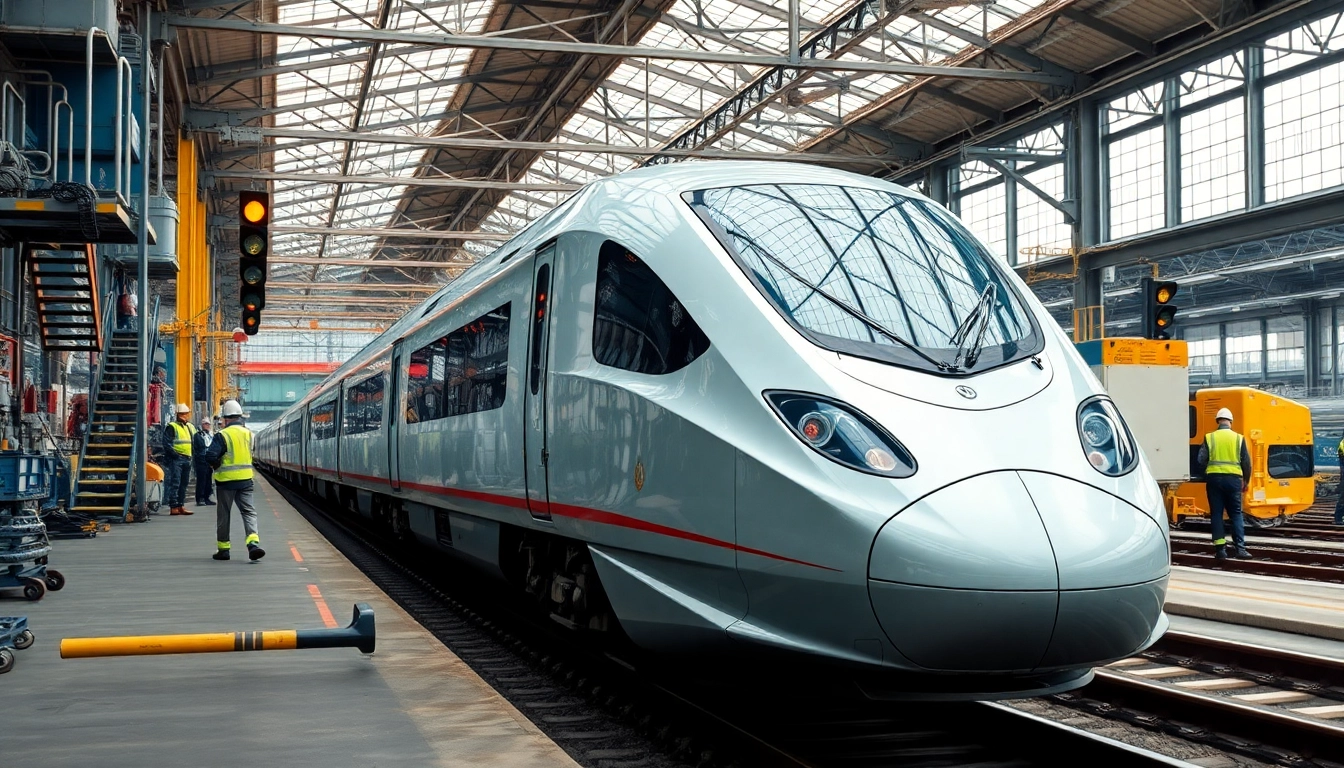 Operations of a railway company showcased with a high-speed train and coordinating workers.