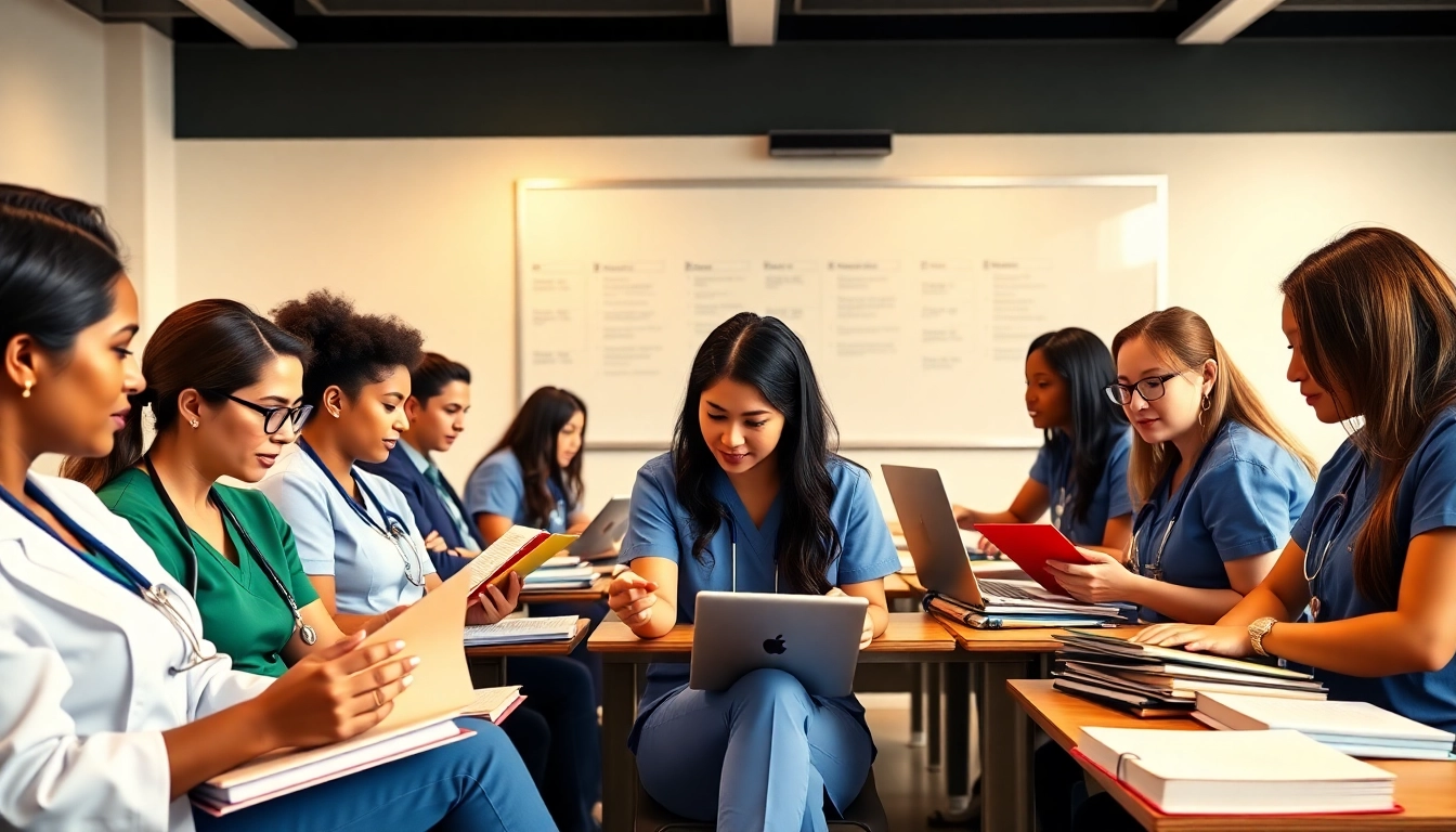 Students participating in person NCLEX bootcamp Houston collaborating and studying together.