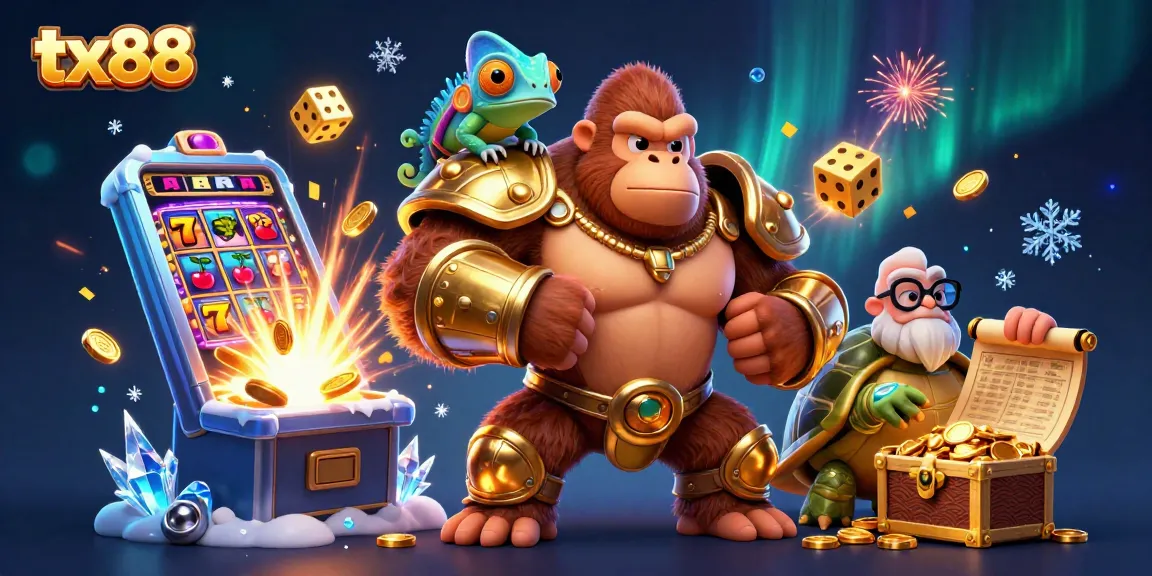 Experience thrilling wins at tx88 with a powerful gorilla king, chameleon spy, and ancient scrolls amidst a vibrant casino scene.