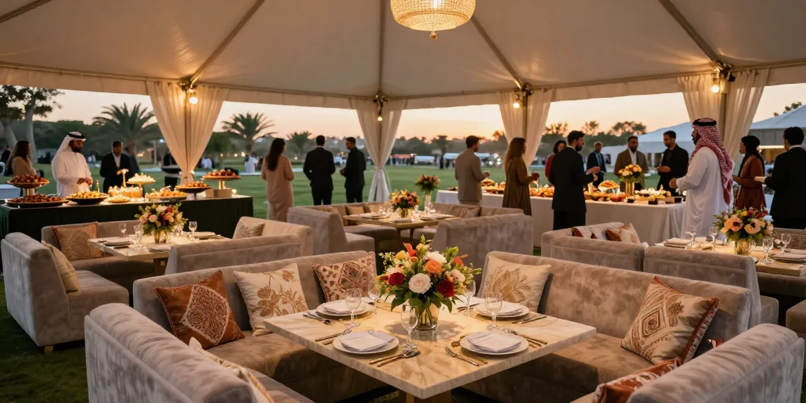 Outdoor event rental ksa featuring luxurious tent setup, elegant decor, and vibrant atmosphere.