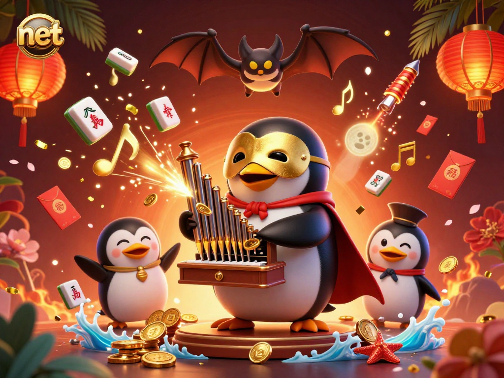 Experience the thrilling net gaming scene with a penguin playing for treasure amid a vibrant casino atmosphere.