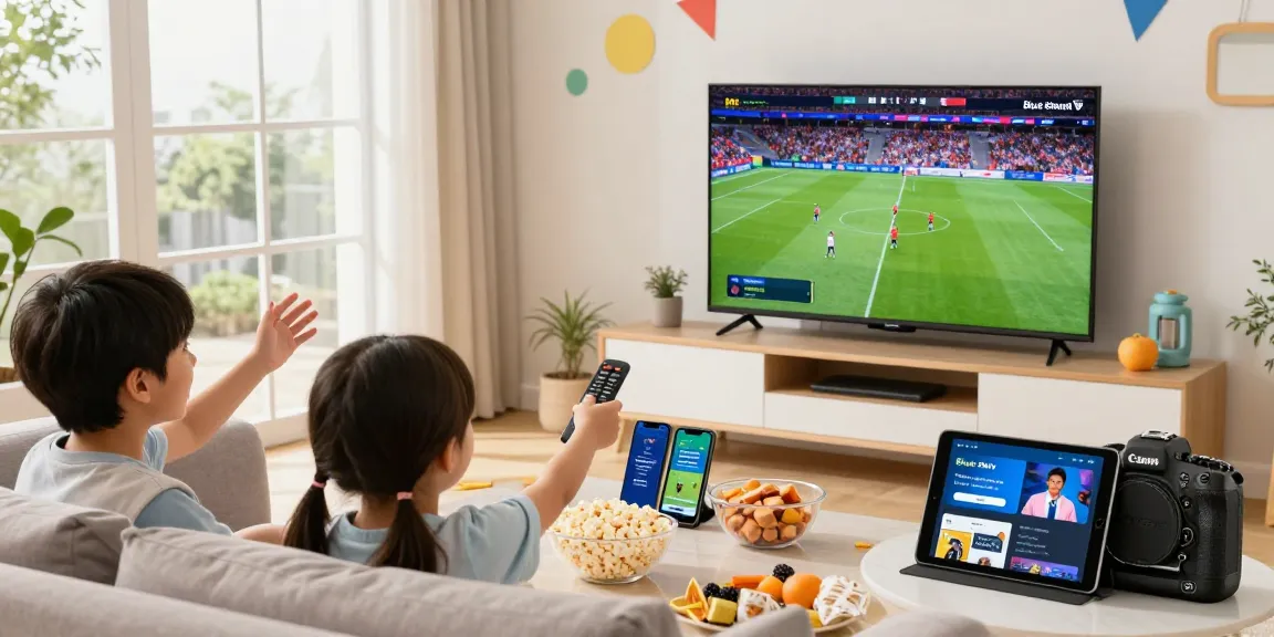 Family enjoying live sports and movies with Blue Shark IPTV in a cozy living room.