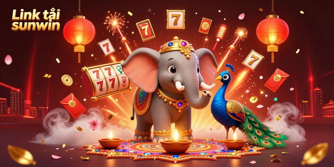 Win big with Link tải sunwin amidst an ultra-detailed 3D casino scene with vibrant elements and festive characters.