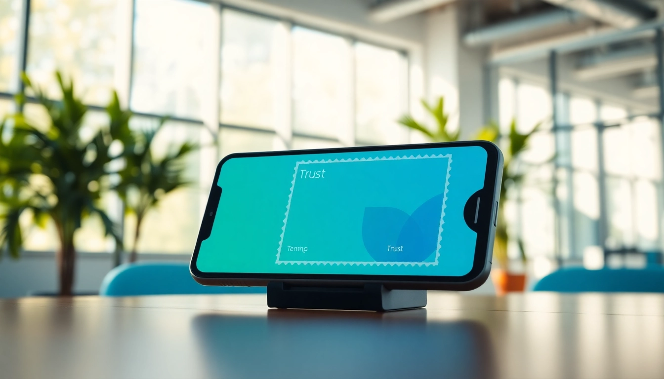 Create digital stamp cards displayed on a smartphone in a bright office setting