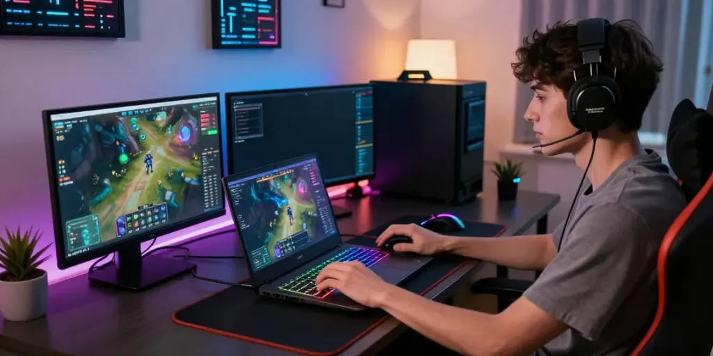 Engaged gamer at modern workstation logging into Singatoto, surrounded by vibrant gaming setup.