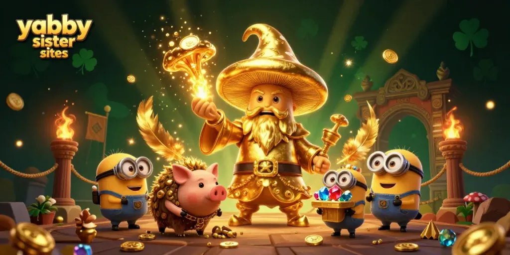 Play exciting games on yabby sister sites with a vibrant 3D fantasy casino illustration.